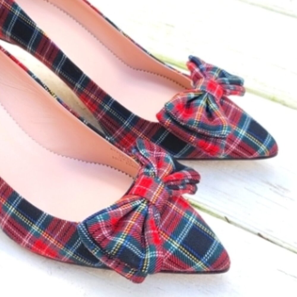 New J. CREW Colette Bow Stewart Tartan Pumps Heels Sz 8.5 Plaid Christmas XMAS